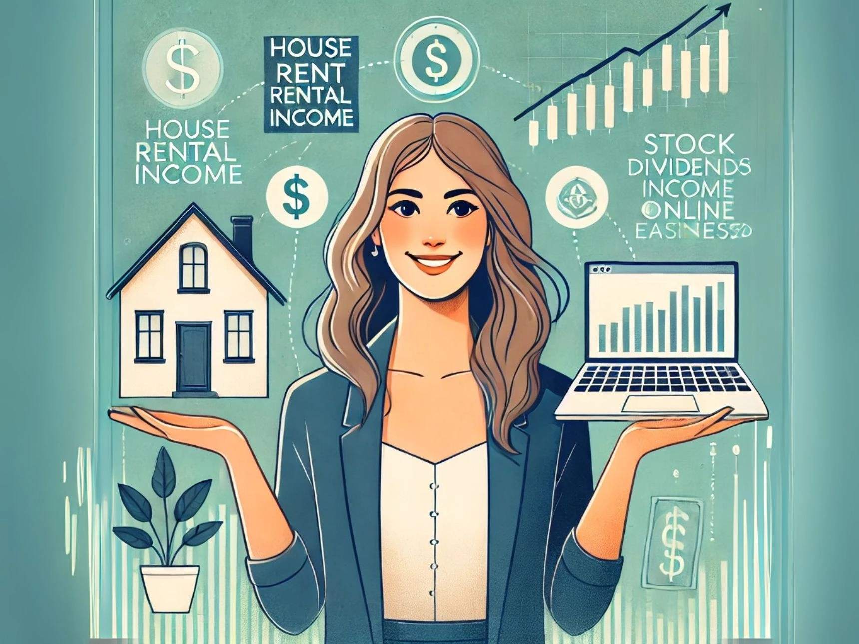 【被動收入】女性擁有多元收入，包含房地產租金收入、股票/ETF股利收入、網路事業收入