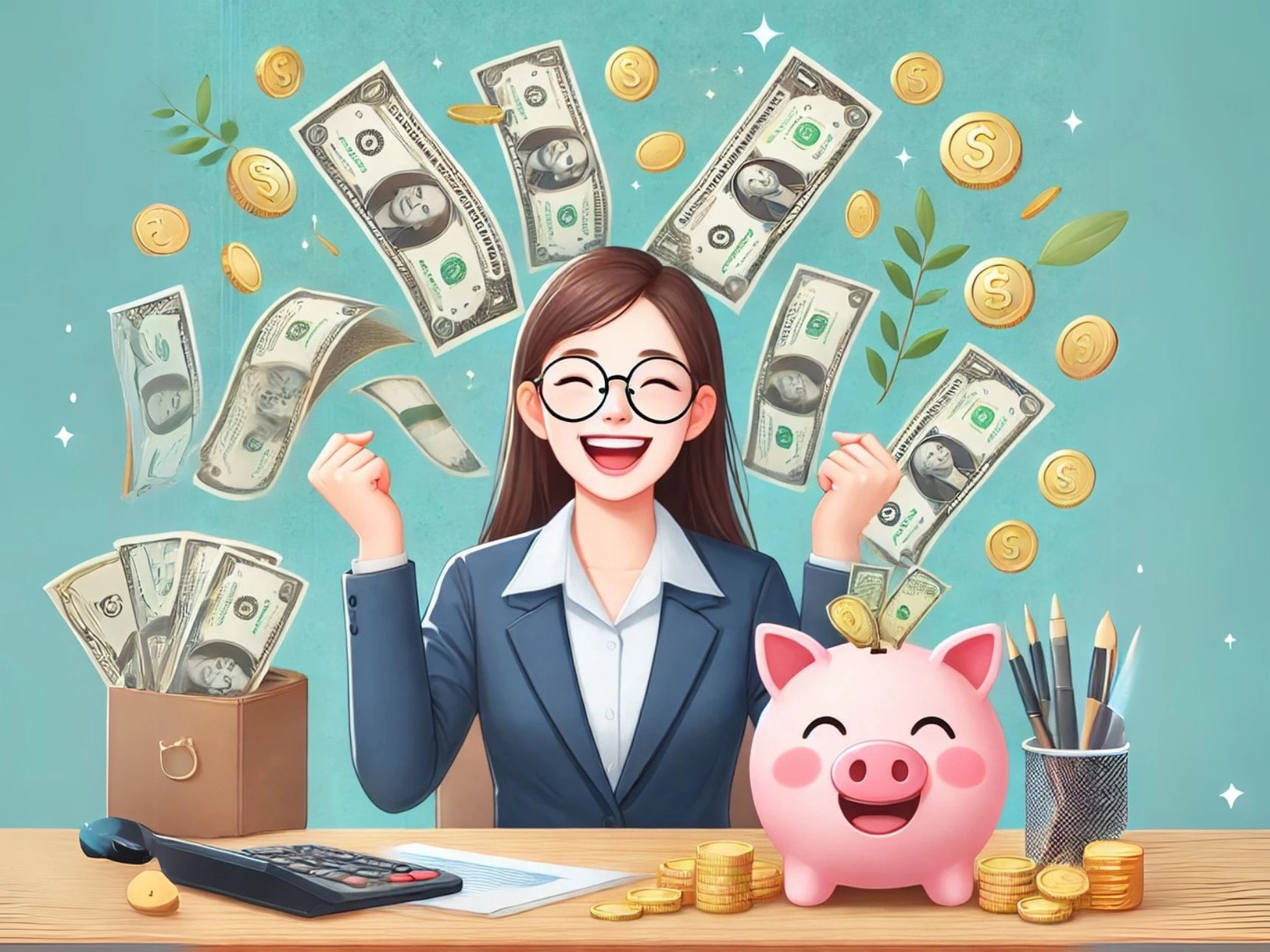 女性上班族開心存錢，存到第一桶金，鈔票滿天飛