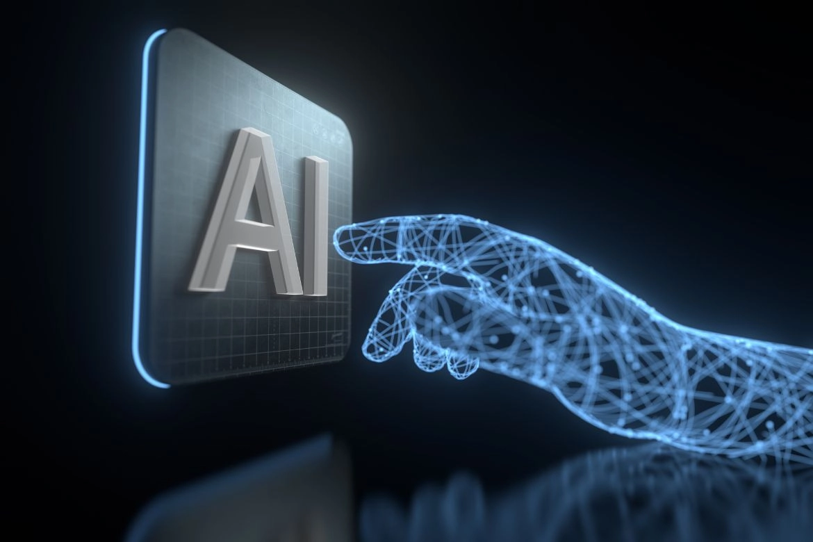 AI ETF|一隻像機器人的手要觸碰一個寫著AI的大按鍵