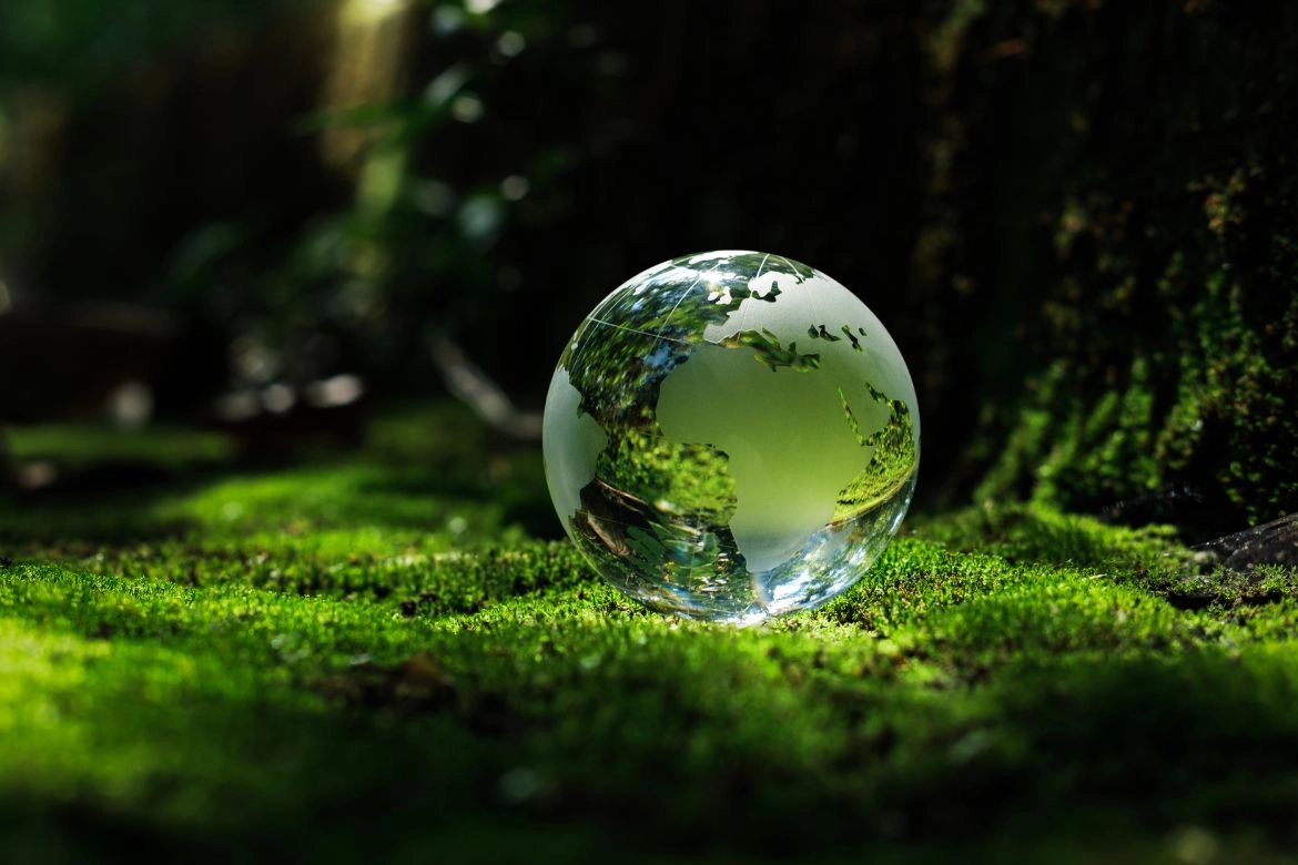 ESG ETF|綠色草地上有顆晶瑩剔透,地球花紋的玻璃珠